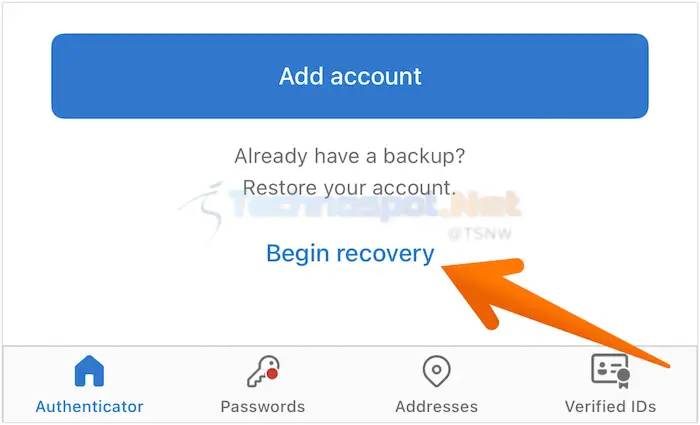 Begin Recovery in Microsoft Authenticator App on New Phone