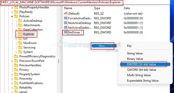 Create New DWord with name NoDrives to hide drives on PC