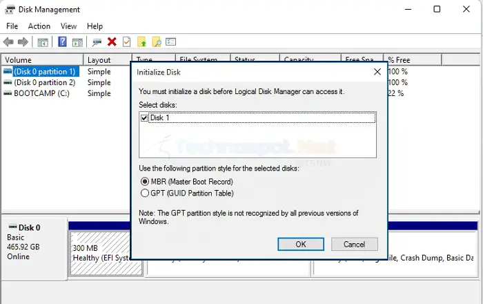 Disk Management Initialize Disk Windows
