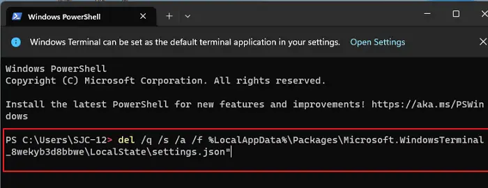 Run Command in Windows Terminal to Delete settings.json File