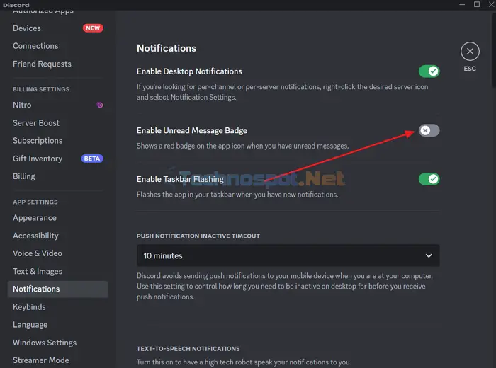 enable unread message badge discord red dot
