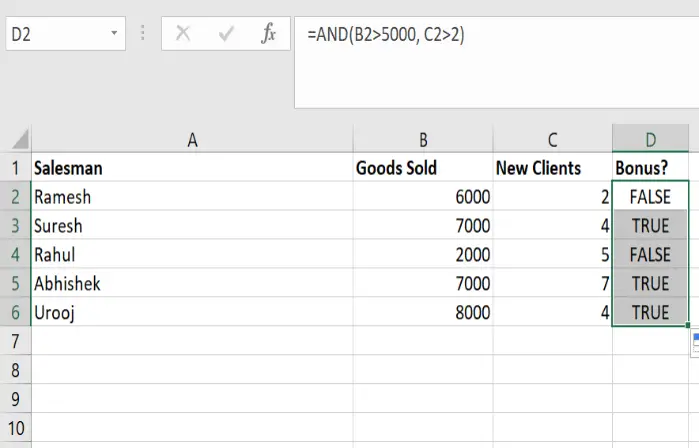 Formula for Using AND Function in Excel
