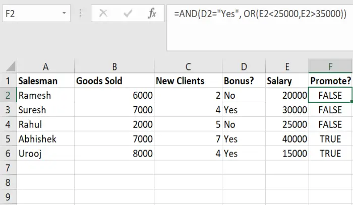 Formula for Using AND Function and OR Function Together in Excel