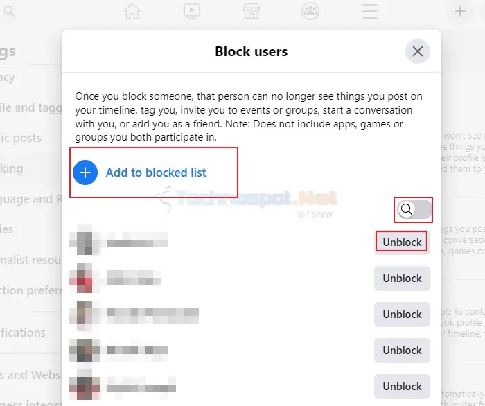 Add or Unblock the Facebook User