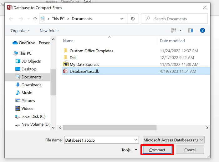 Click on Compact after selecting Database