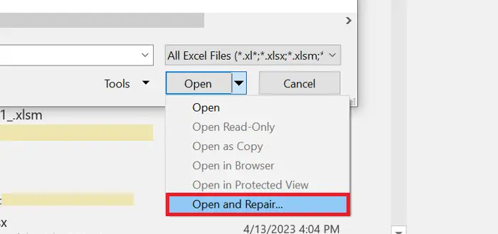 Excel Open and Repair Options