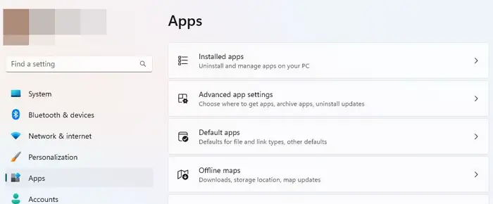 Installed Apps Windows Settings