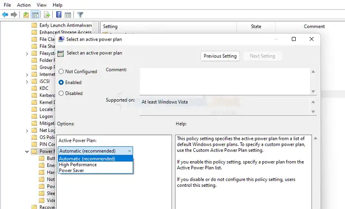 Select Active Power Plan Group Policy Edtor