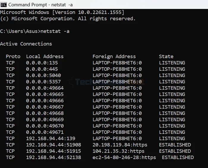 Check Port IP blocks using Netstat command
