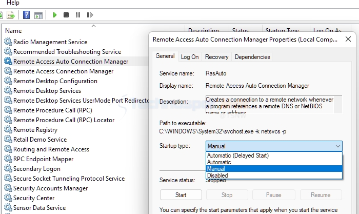 Restart Remote Access Auto Connection Manager Services