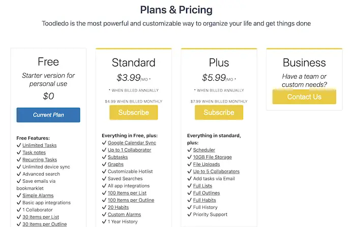 Toodledo Plans and Pricing