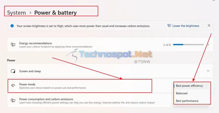 Changing power mode in WIndows settings