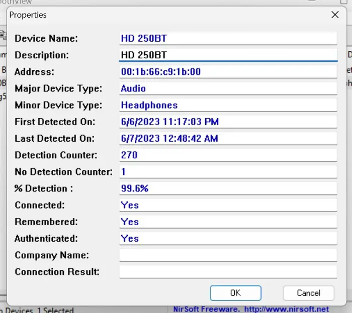 Details of Device in Bluetooth View
