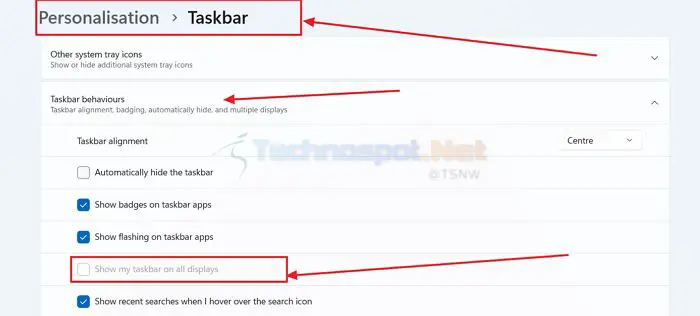 Disabling show taskbar on all displays In Windows