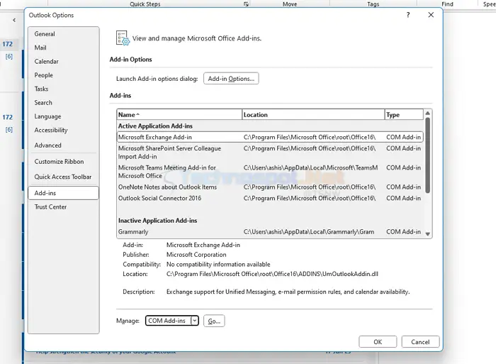 Open Outlook Options Com Add ins