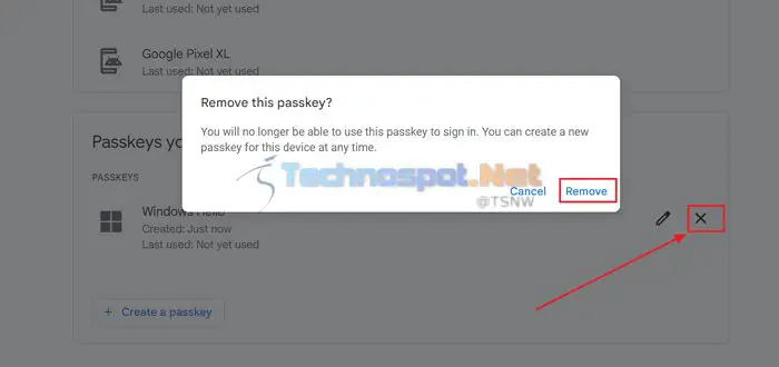 Removing passkeys from a google account