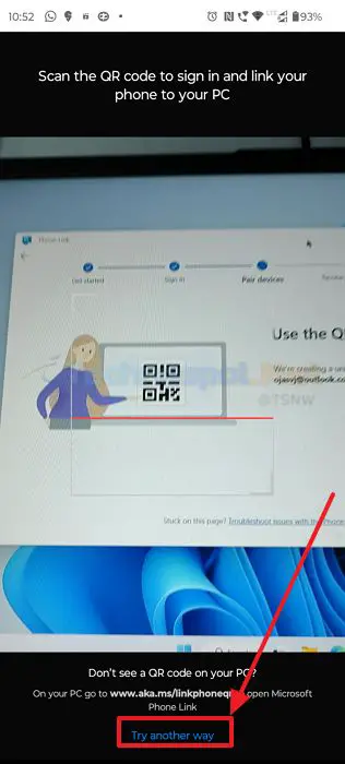 Scanning qr code to link android and windows in Microsoft phone link