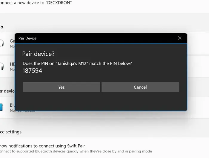 Tap on Yes to Pair Device