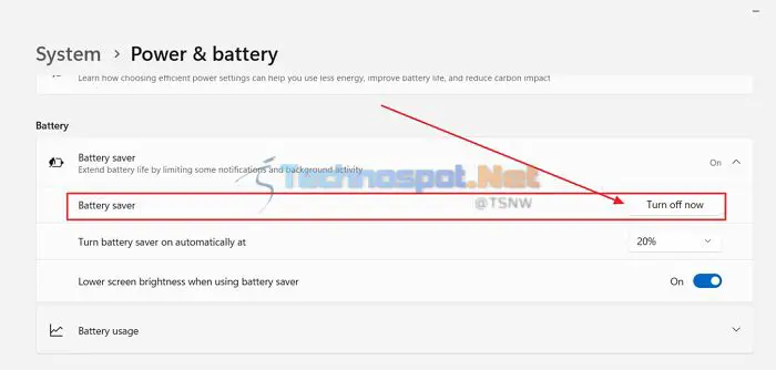 Turning off battery saver in Windows