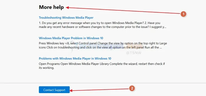 Self Help article and support options for Windows media player