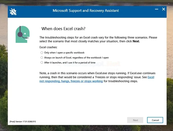 When Does Excel Crash Select issue