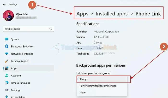 Background app permission settings in Windows