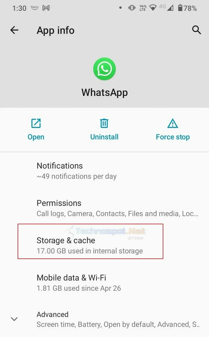 Choose WhatsApp's Storage and Cache