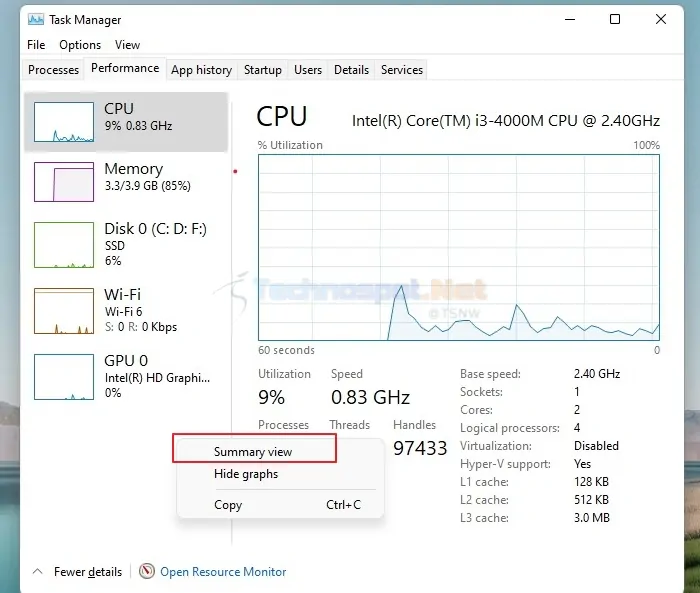 Summary View of Performances in Task Manager