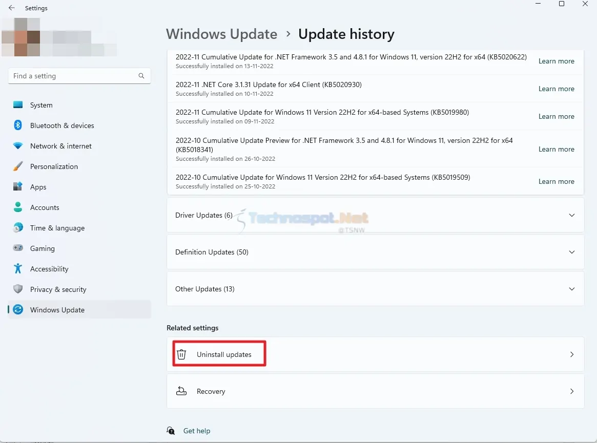 Uninstall Updates Settings Windows
