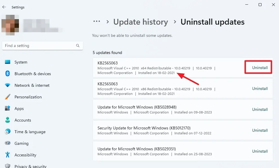 Uninstall Updates from Windows