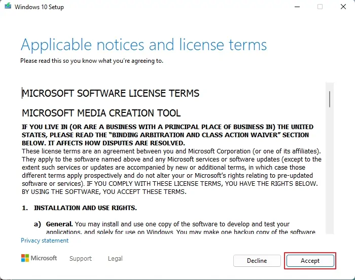 accept microsoft software license terms