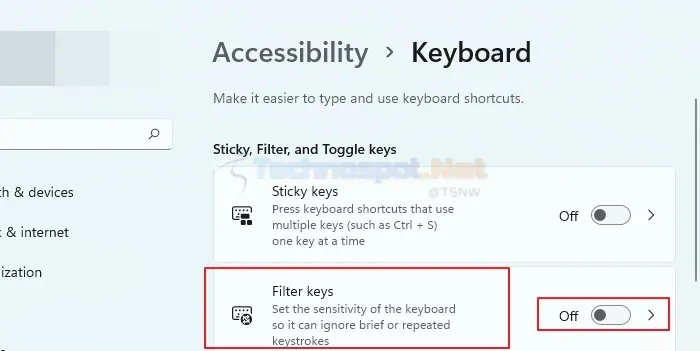 Turn Off Filter Keys via Windows Settings