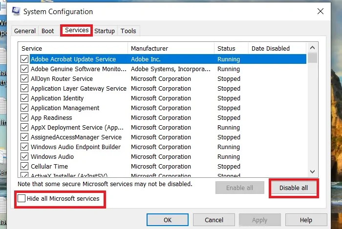 msconfig services disable