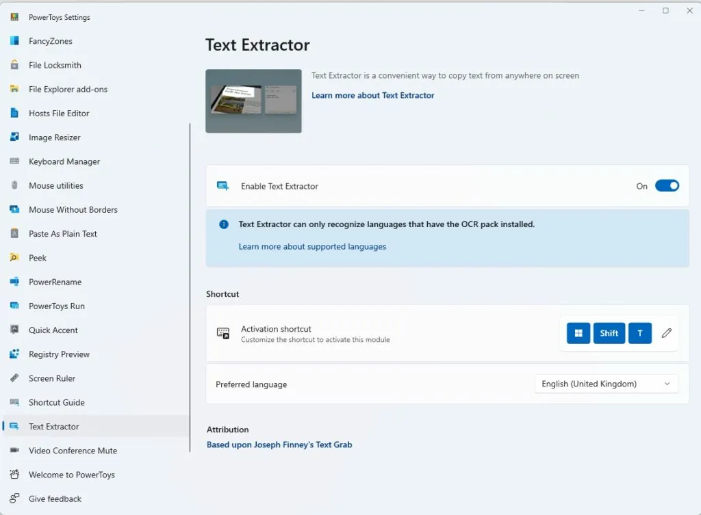 Enable Text Extractor In Microsot Powertoys