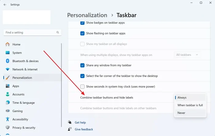 Enable Never Combine Taskbar buttons with Labels in Windows