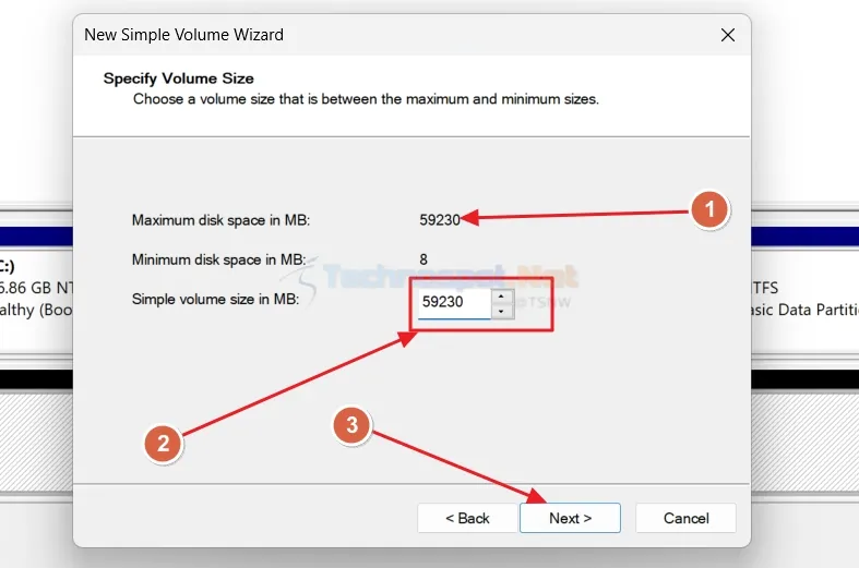 Assigning volume size in new smple volume wizard in disk management