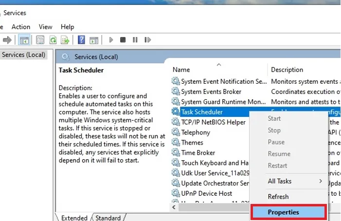 windows task scheduler service properties