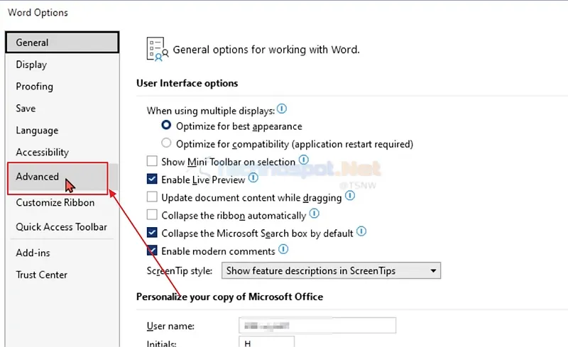 advanced options in ms word settings