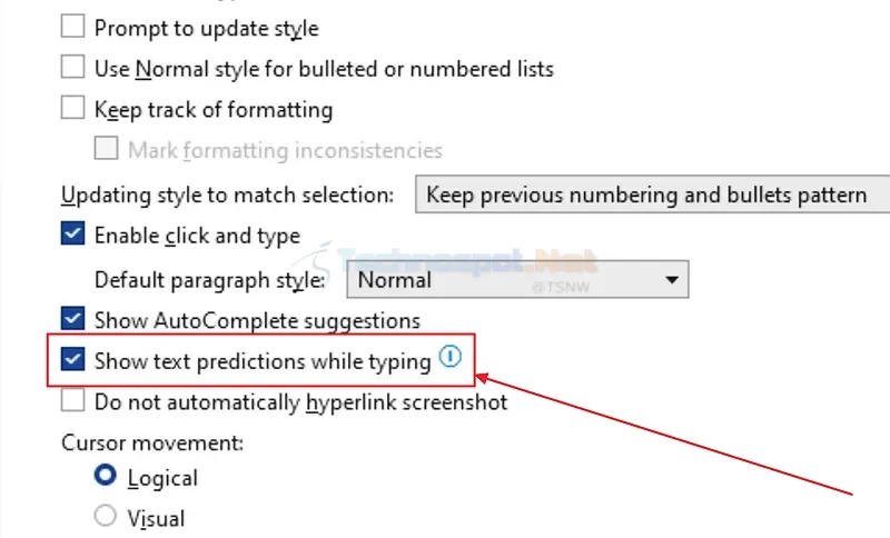 disable text predictions in ms word