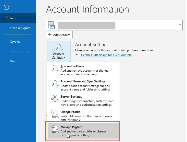 outlook manage profile