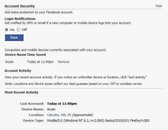 Account Security Device Acitivity