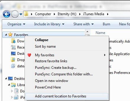 Add Current location to Favorites in Windows 7