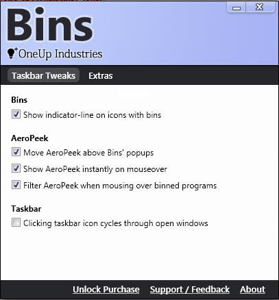 Bins taskbar organizer settings