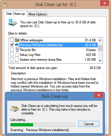 disk cleanup stuck on previous windows installations