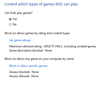 Control games option for kids