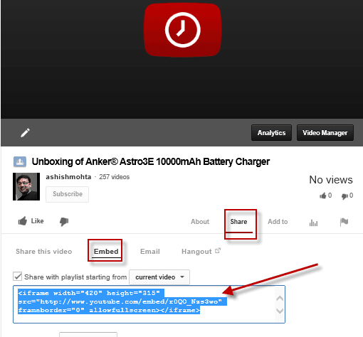 Copy Embed Code of uploading youtube video