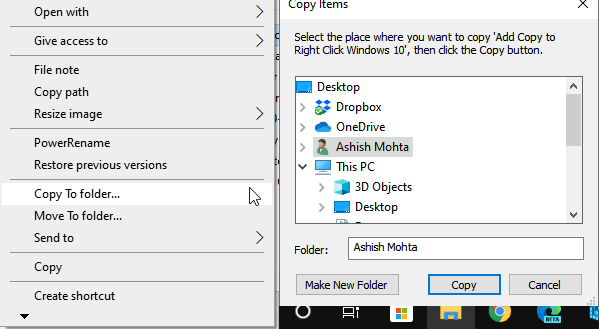 Copy to Move to In Windows 10 Right-Click
