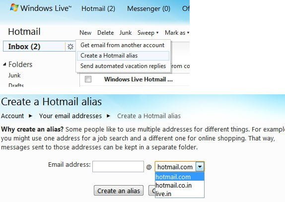 Create Hotmail Alias