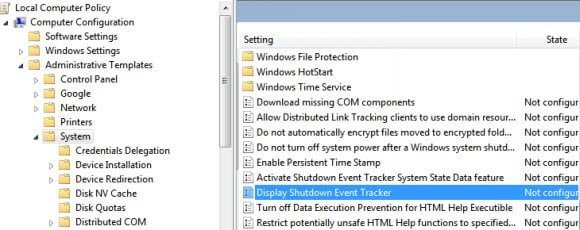 Display Shutdown Event tracker Config