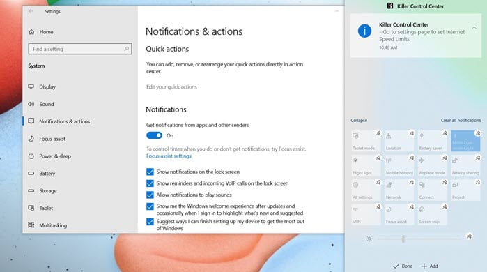 quick actions windows 10